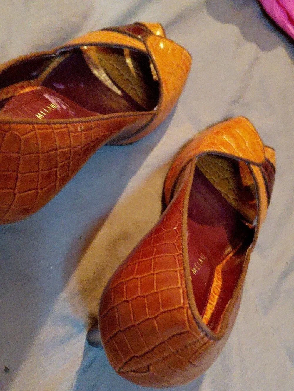 ANTONIO MELANI Orange-Brown Croc-Embossed Peep-Toe Pumps